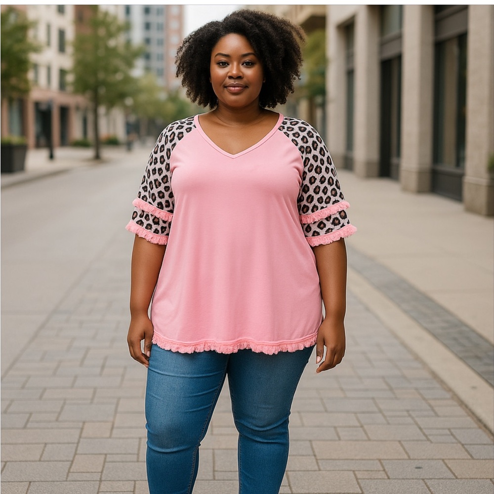 Cellabie Pink Leopard Sleeve Women's Top
